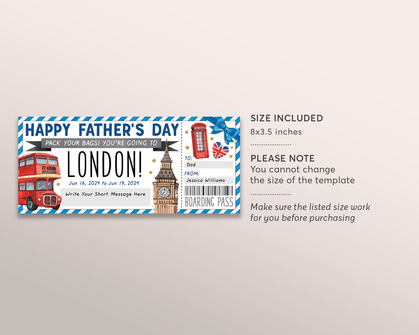 Fathers Day London Gift Ticket Boarding Pass Editable Template, Surprise Travel Vacation Plane Ticket Certificate For Dad England Trip