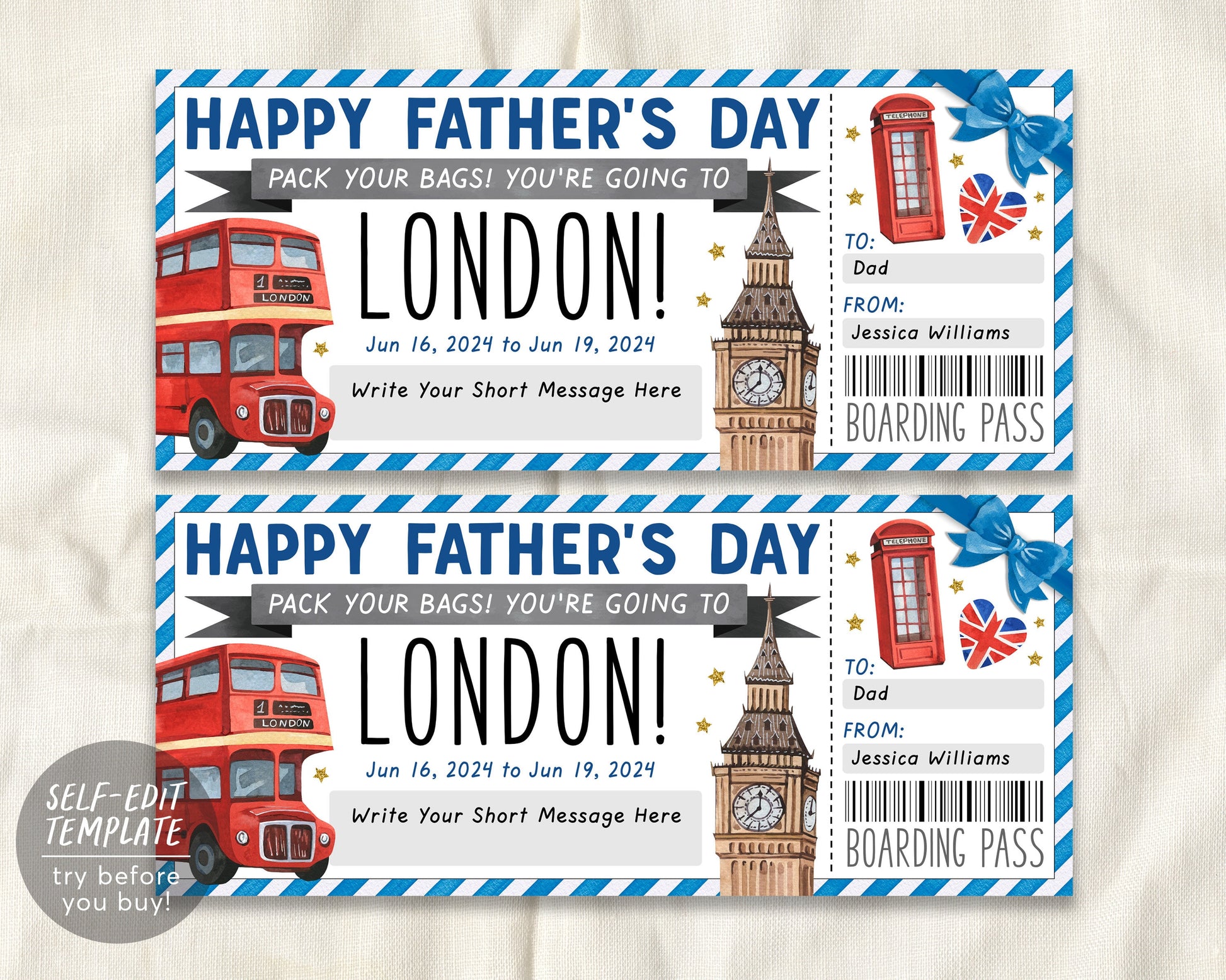 Fathers Day London Gift Ticket Boarding Pass Editable Template