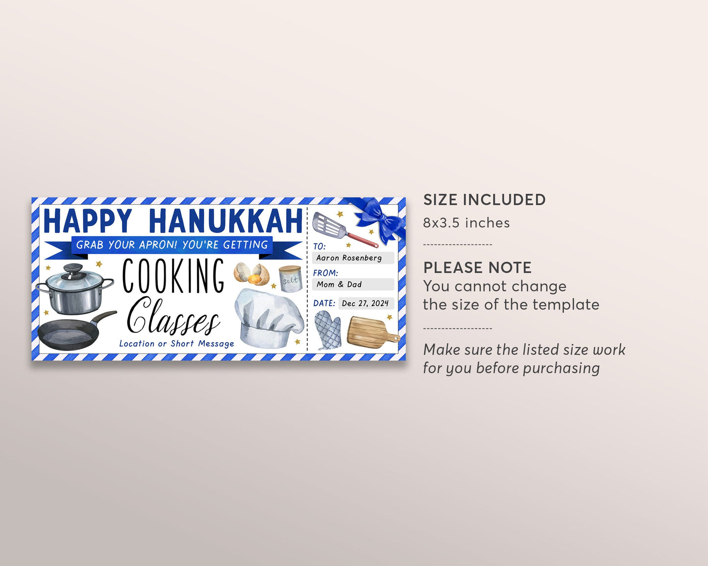 Happy Hanukkah Cooking Classes Gift Certificate Ticket Editable Template, Chanukah Surprise Cooking Lessons Experience Gift Voucher