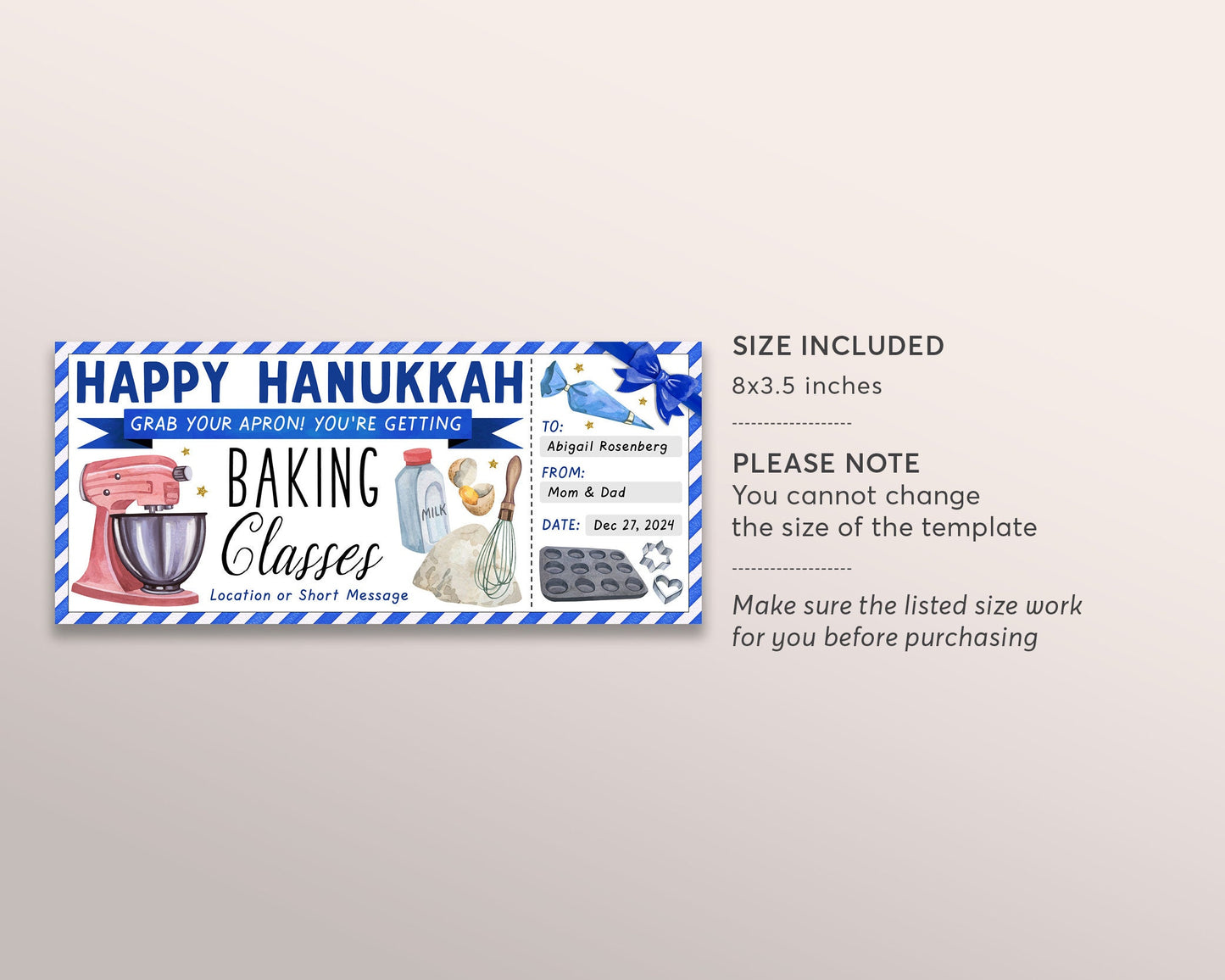 Hanukkah Baking Classes Gift Certificate Ticket Editable Template, Surprise Chanukah Cake Baking Lessons, Cake Decoration Gift Voucher