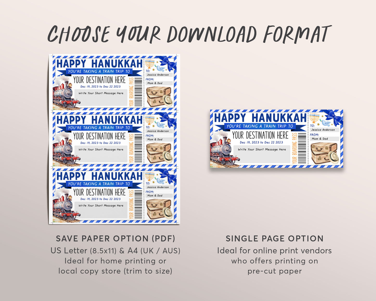 Happy Hanukkah Train Ticket Boarding Pass Editable Template, Surprise Chanukah Weekend Getaway Vacation Travel Gift Certificate Staycation