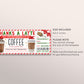 Christmas Thanks A Latte Gift Coupon Editable Template, Surprise Holiday Coffee Gift Certificate, Cafe Voucher Coffee Shop Lover Gift Card