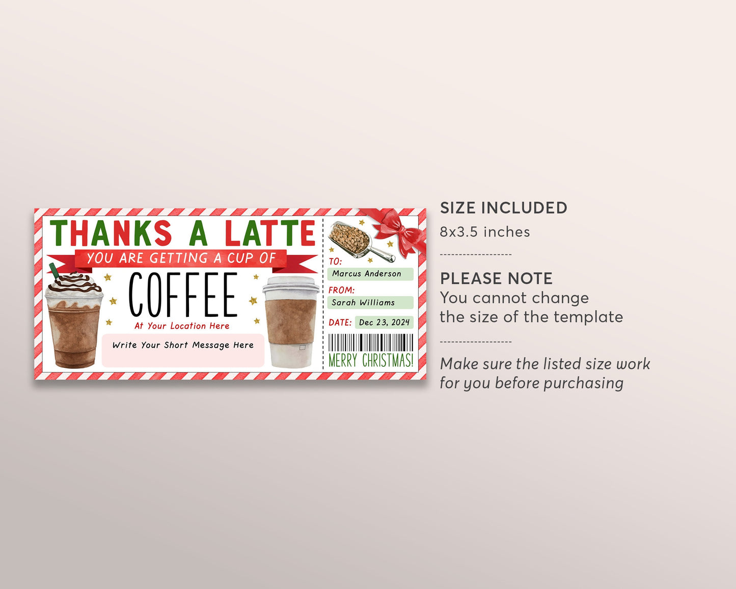 Christmas Thanks A Latte Gift Coupon Editable Template, Surprise Holiday Coffee Gift Certificate, Cafe Voucher Coffee Shop Lover Gift Card