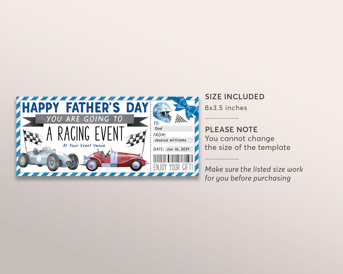 Fathers Day Car Race Ticket Gift Certificate Editable Template, Car Racing Event Voucher Dad, Supercar Race Track Driving Go Kart Coupon