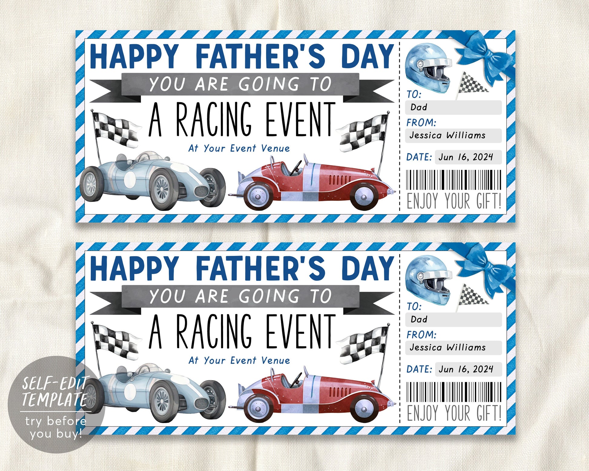 Fathers Day Car Race Ticket Gift Certificate Editable Template