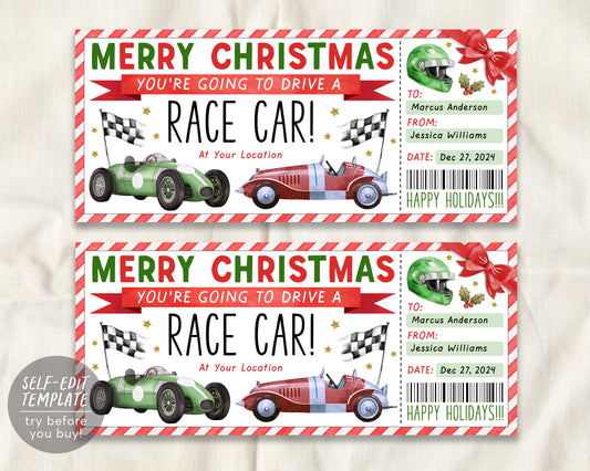 Christmas Race Car Ticket Gift Certificate Editable Template