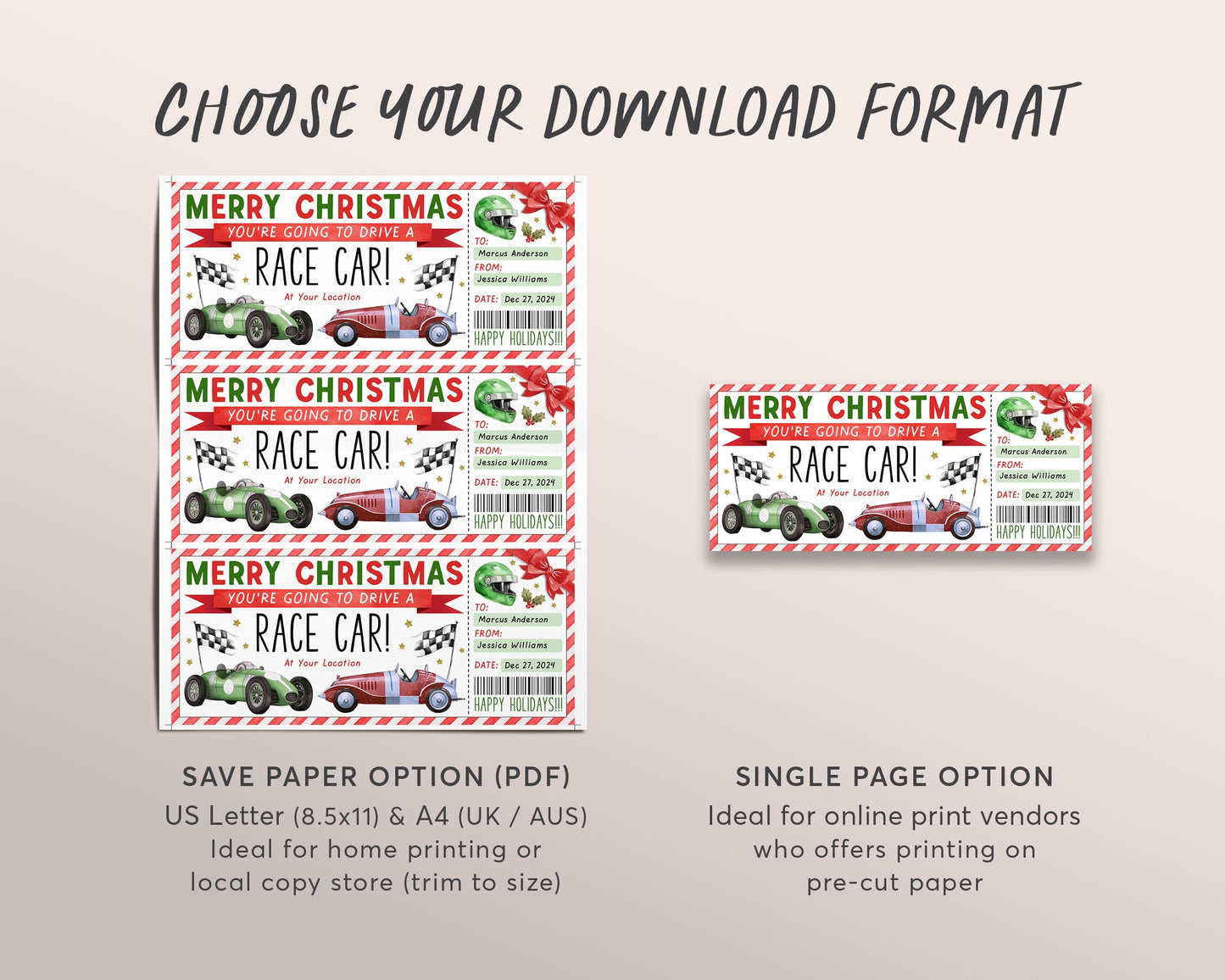 Christmas Race Car Ticket Gift Certificate Editable Template, Surprise Super Car Racing Event Voucher Printable, Holiday Supercar Driving