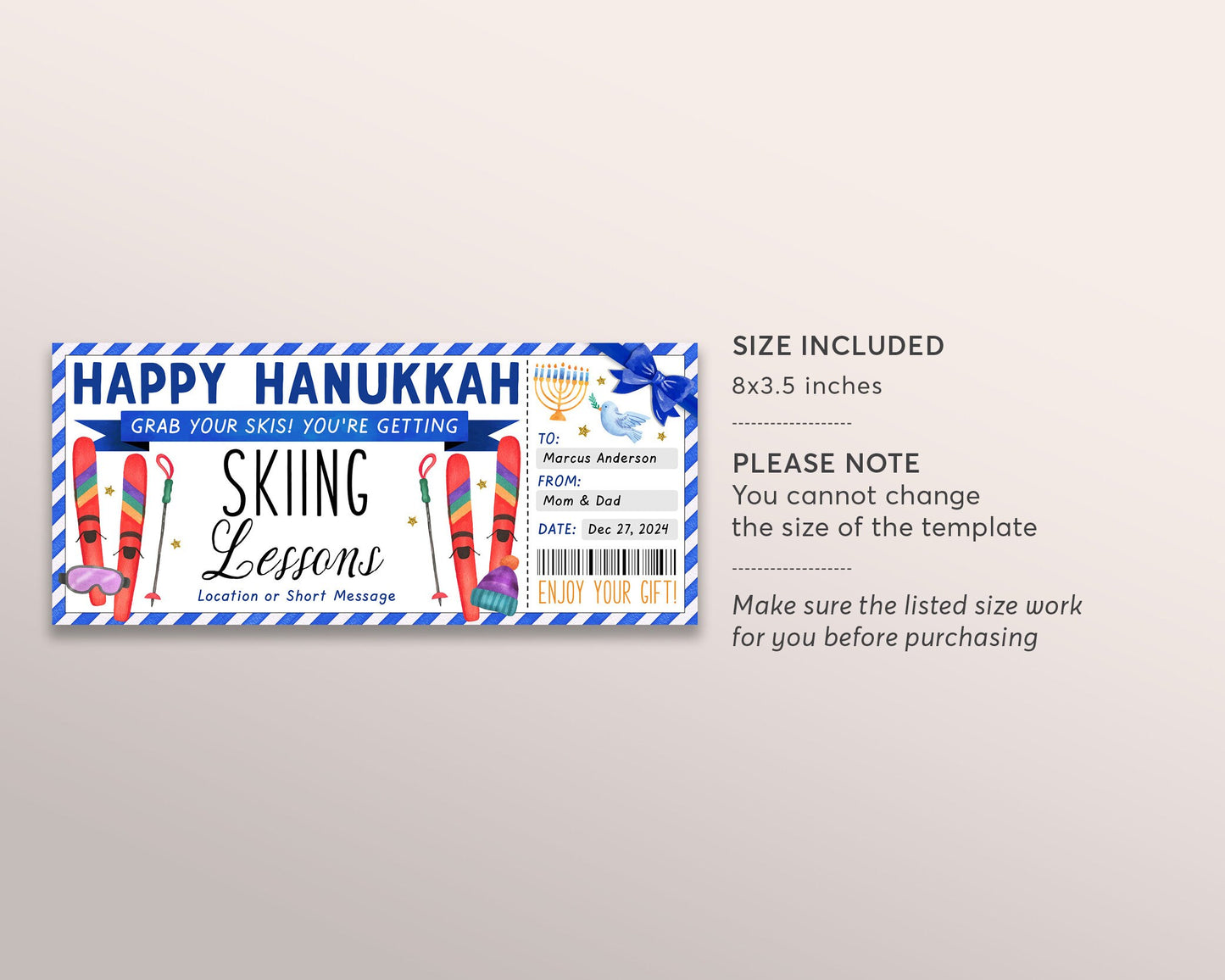 Hanukkah Skiing Lessons Voucher Gift Voucher Editable Template, Surprise Chanukah Ski Training Gift Certificate, Skiing Trip Vacation Coupon