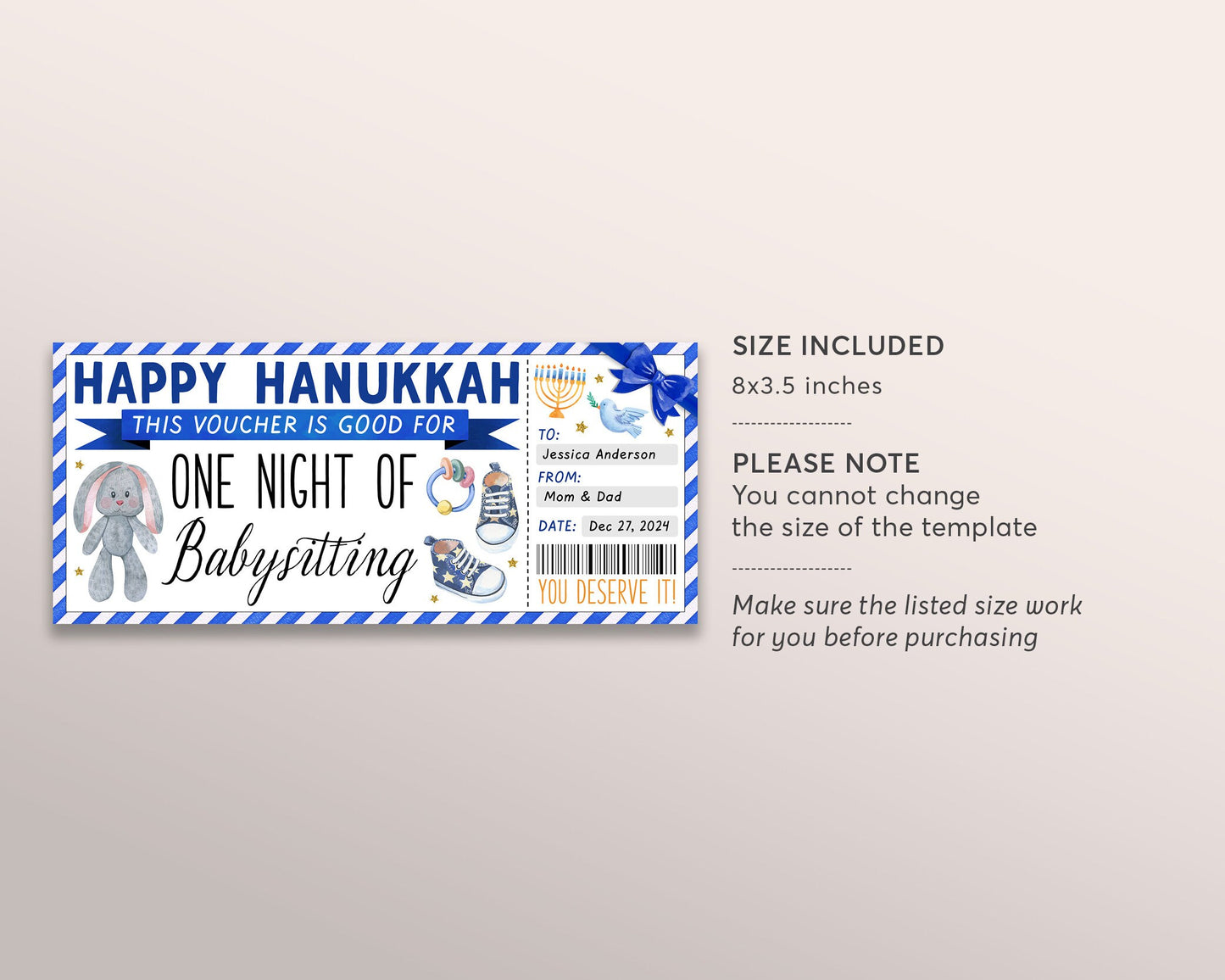 Happy Hanukkah Babysitting Gift Coupon Editable Template, Surprise Chanukah Babysitter Gift Ticket Voucher, New Mom Certificate Gift Card
