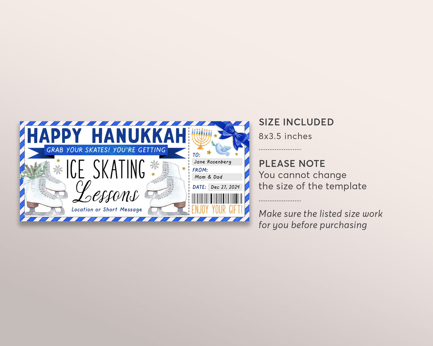 Hanukkah Ice Skating Lessons Gift Certificate Editable Template, Surprise Chanukah Ice Skating Sports Voucher, Skating Membership Coupon