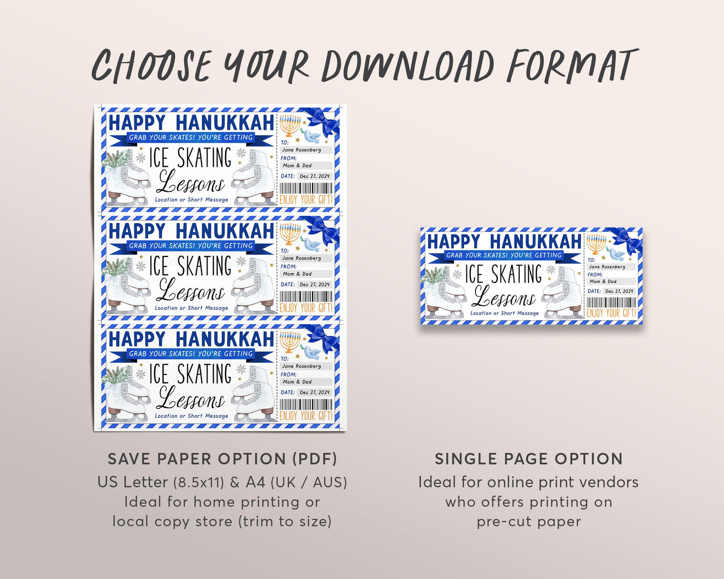 Hanukkah Ice Skating Lessons Gift Certificate Editable Template, Surprise Chanukah Ice Skating Sports Voucher, Skating Membership Coupon