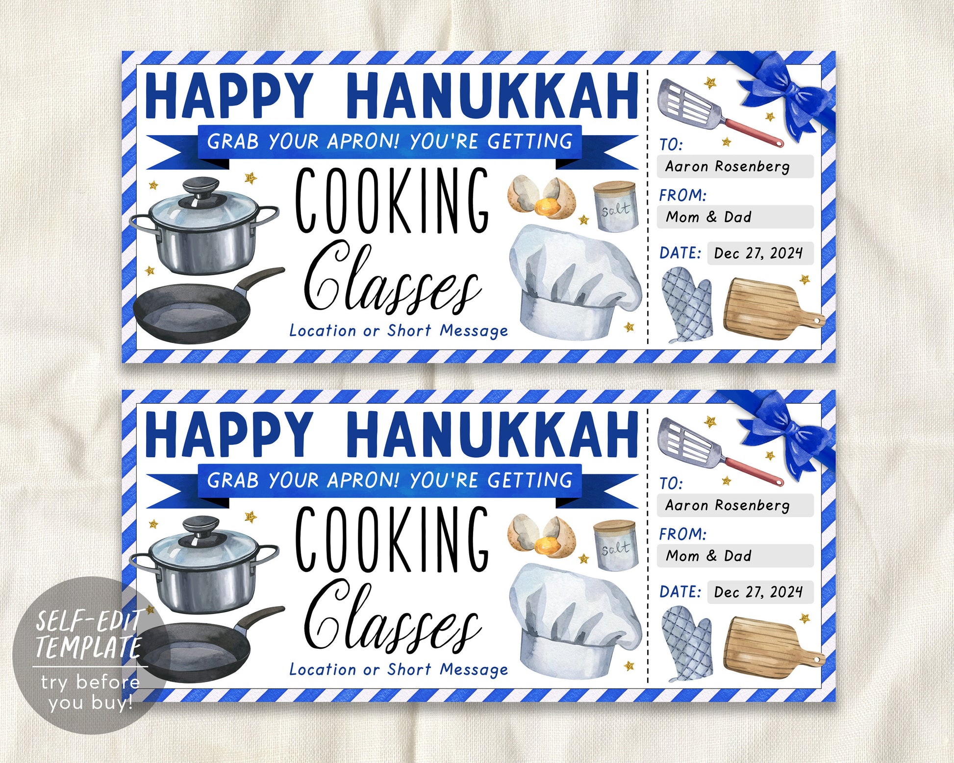 Happy Hanukkah Cooking Classes Gift Certificate Ticket Editable Template