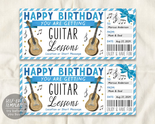 Guitar Lessons Gift Certificate Editable Template