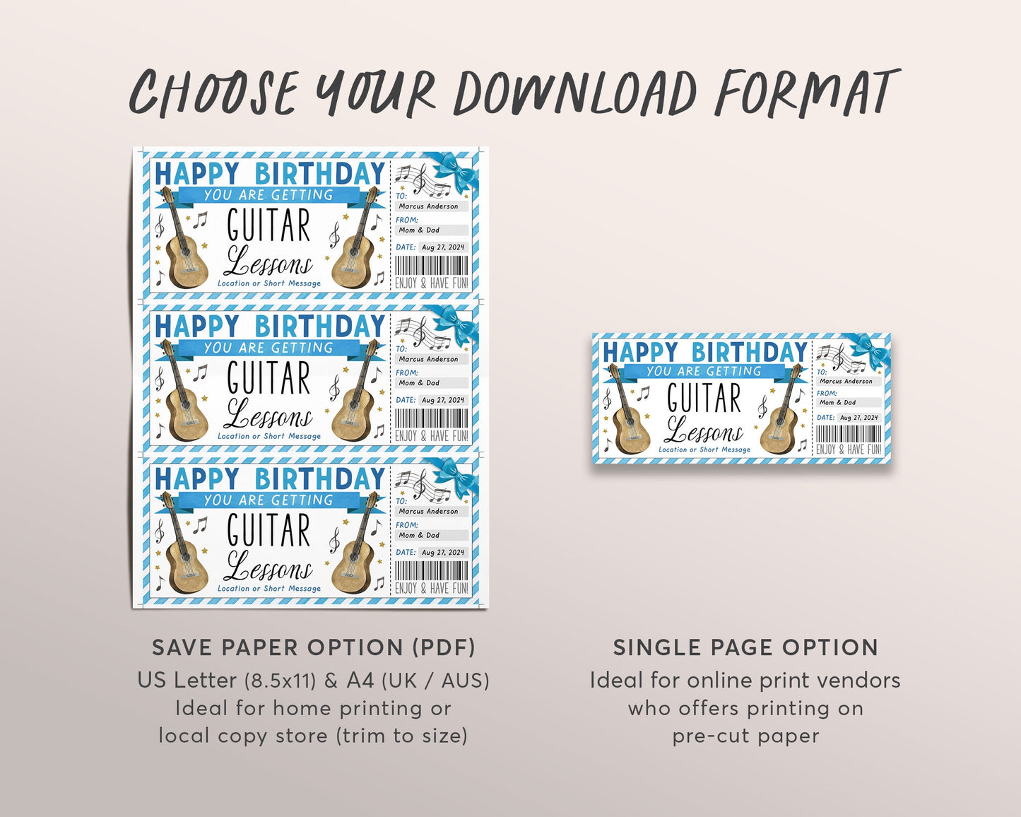 Guitar Lessons Gift Certificate Editable Template, Birthday Surprise Music Guitar Class Voucher Gift Reveal For Him, Learn to Play Coupon