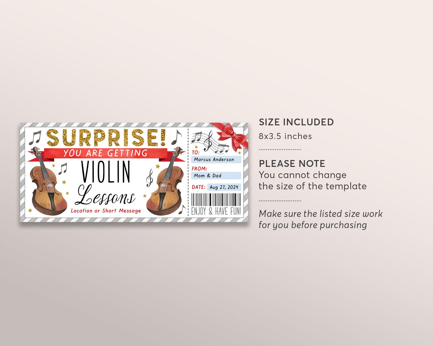 Violin Lessons Gift Certificate Editable Template, Surprise Music Violin Class Masterclass Gift Voucher Gift Reveal Coupon, Any Occasion