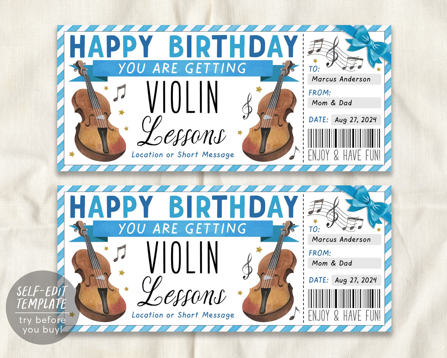 Birthday Violin Lessons Gift Certificate Editable Template