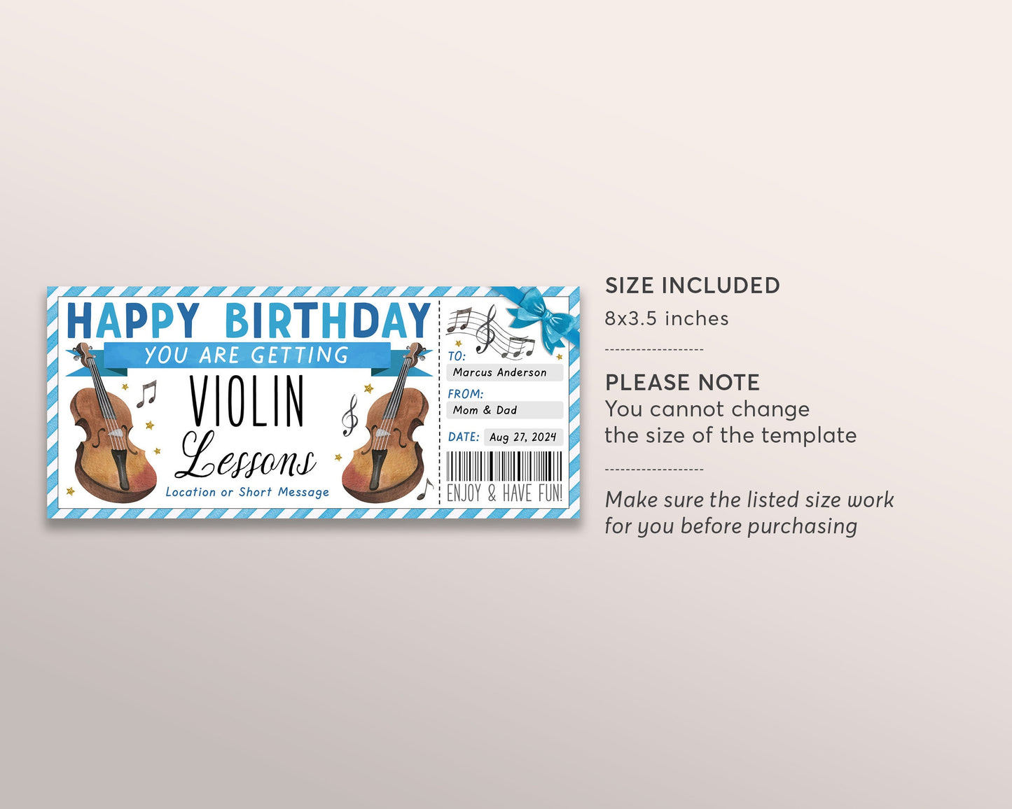 Violin Lessons Gift Certificate Editable Template, Birthday Surprise Music Violin Class Masterclass Gift Voucher Gift Reveal Coupon For Him
