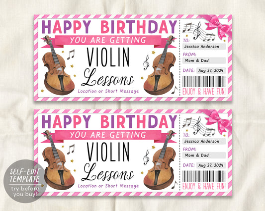 Birthday Violin Lessons Gift Certificate Editable Template
