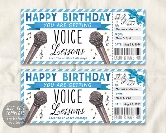 Birthday Voice Lessons Gift Certificate Editable Template