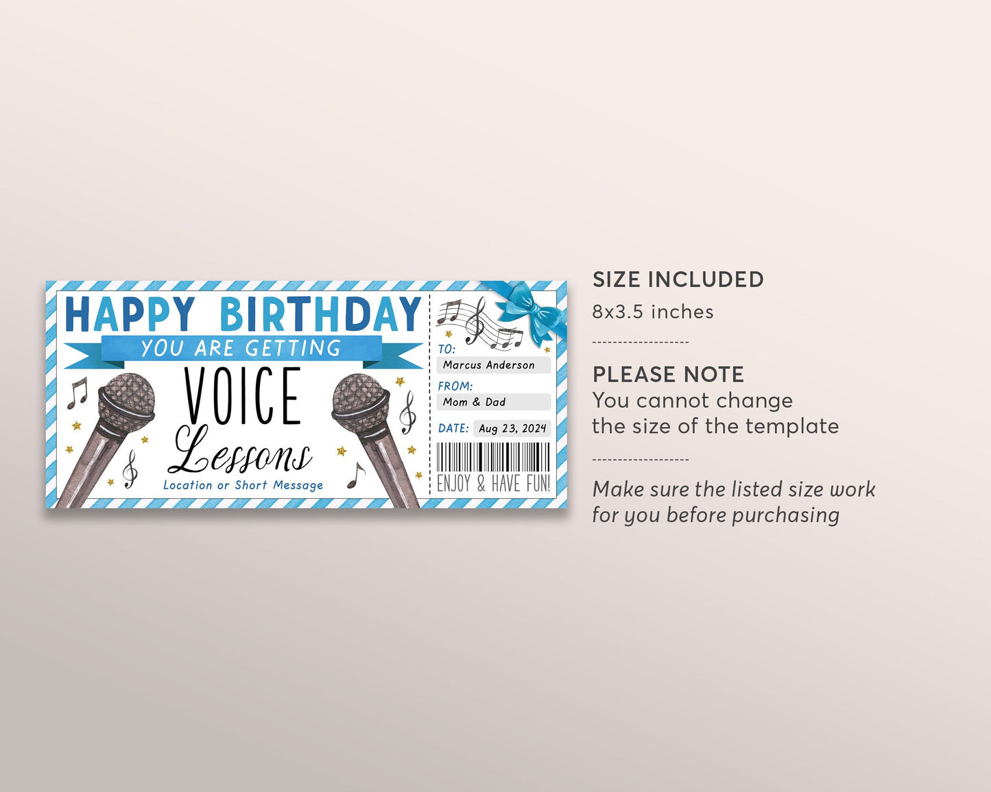 Voice Lessons Gift Certificate Editable Template, Birthday Singing Lessons Music Class Experience Voucher Reveal Coupon, Vocal Coaching