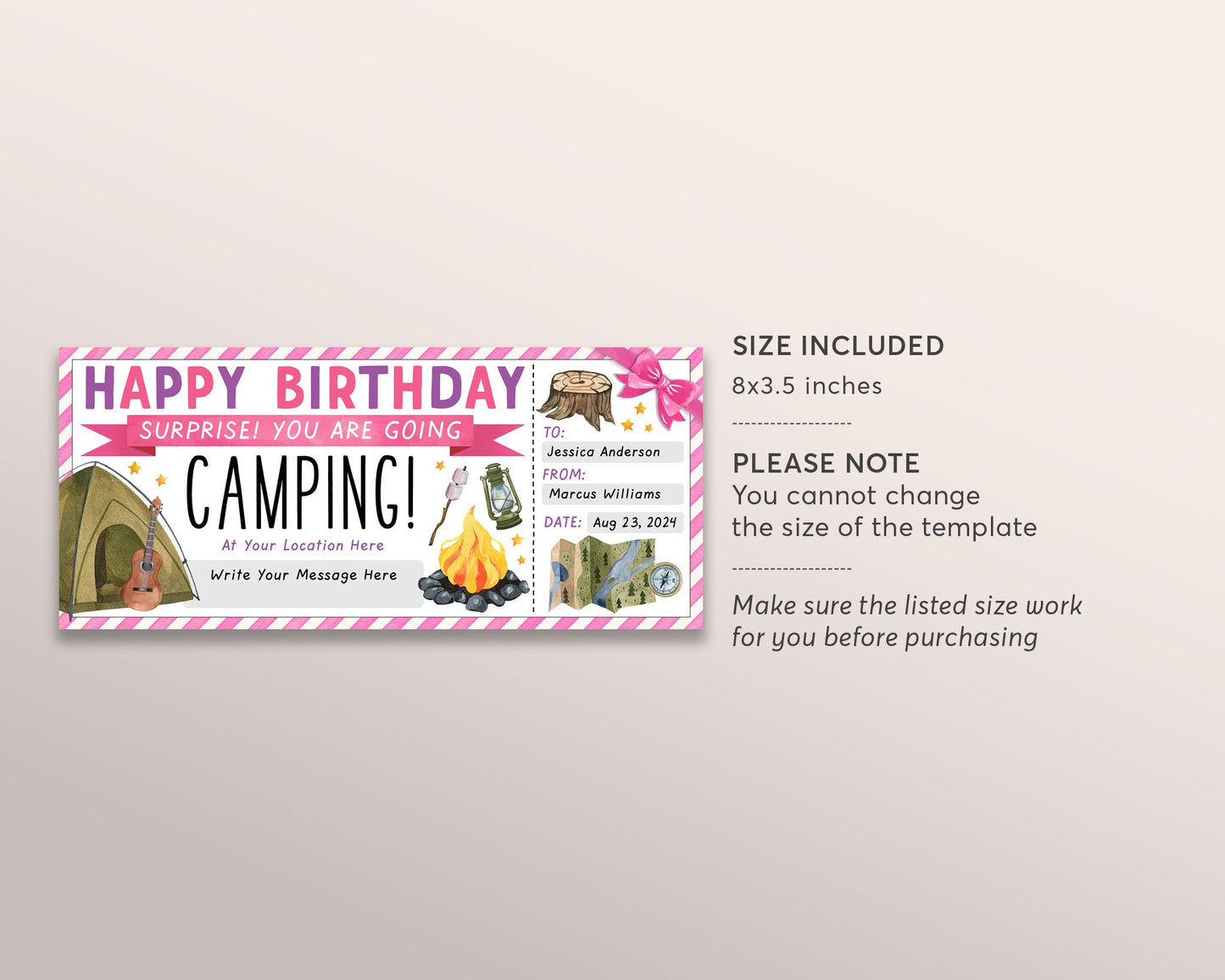 Camping Trip Ticket Editable Template, Birthday Weekend Trip Reveal Gift Certificate For Her, Wilderness Hiking Experience Voucher Coupon
