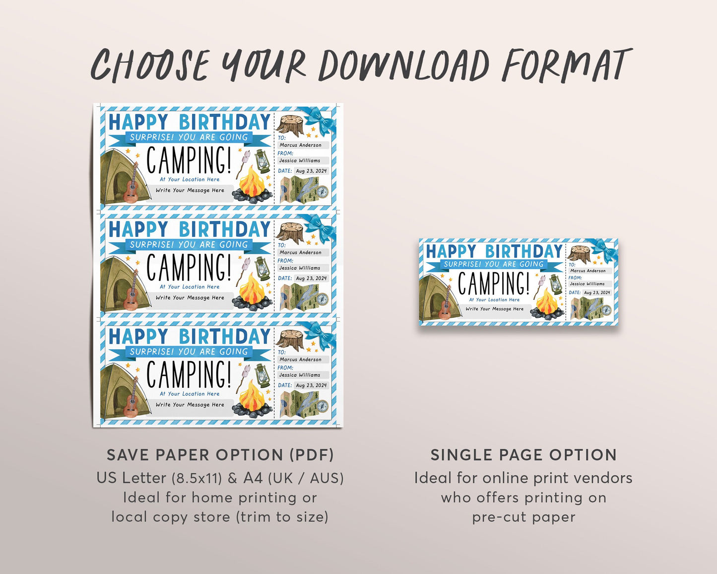 Camping Trip Ticket Editable Template, Birthday Weekend Trip Reveal Gift Certificate For Him, Wilderness Hiking Experience Voucher Coupon