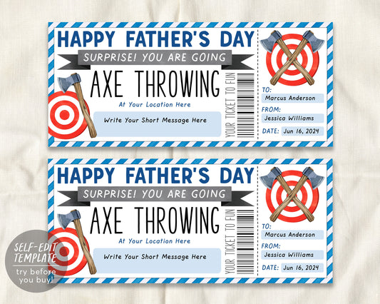 Fathers Day Axe Throwing Gift Certificate Ticket Editable Template