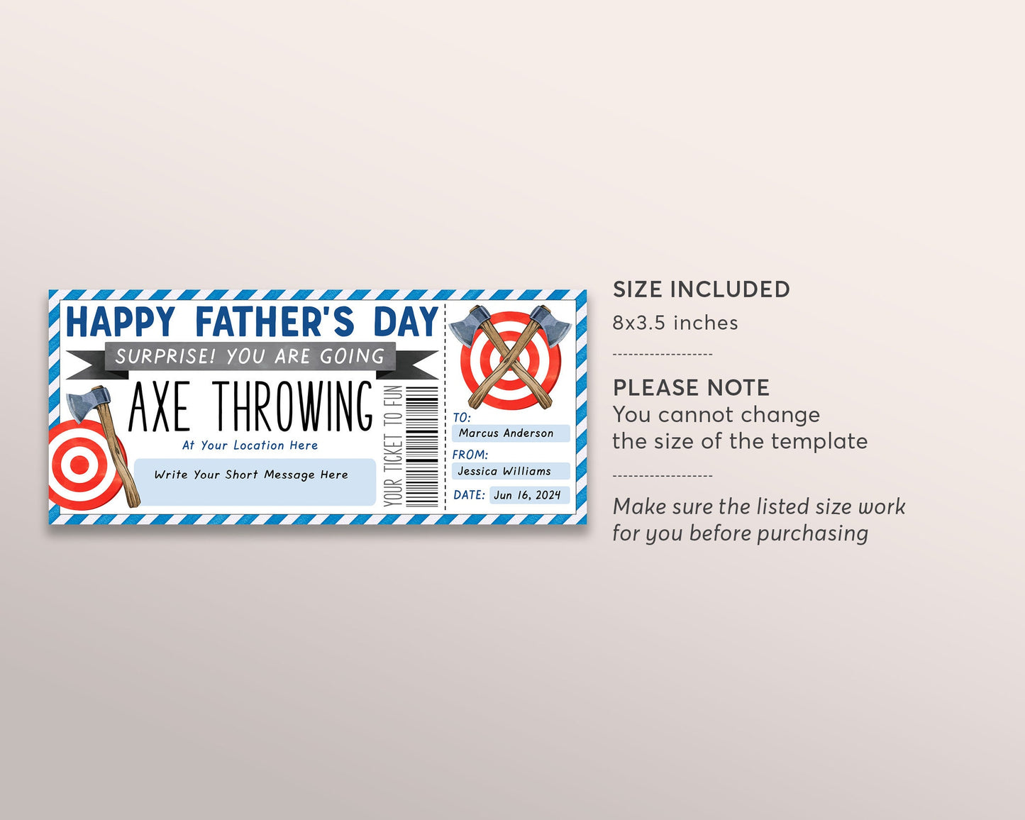 Fathers Day Axe Throwing Gift Certificate Ticket Editable Template, Surprise Hatchet Throwing Experience Gift Voucher Holiday Coupon For Dad