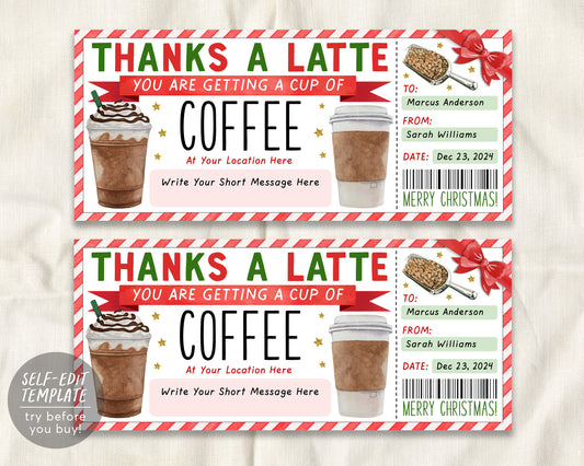 Christmas Thanks A Latte Gift Coupon Editable Template