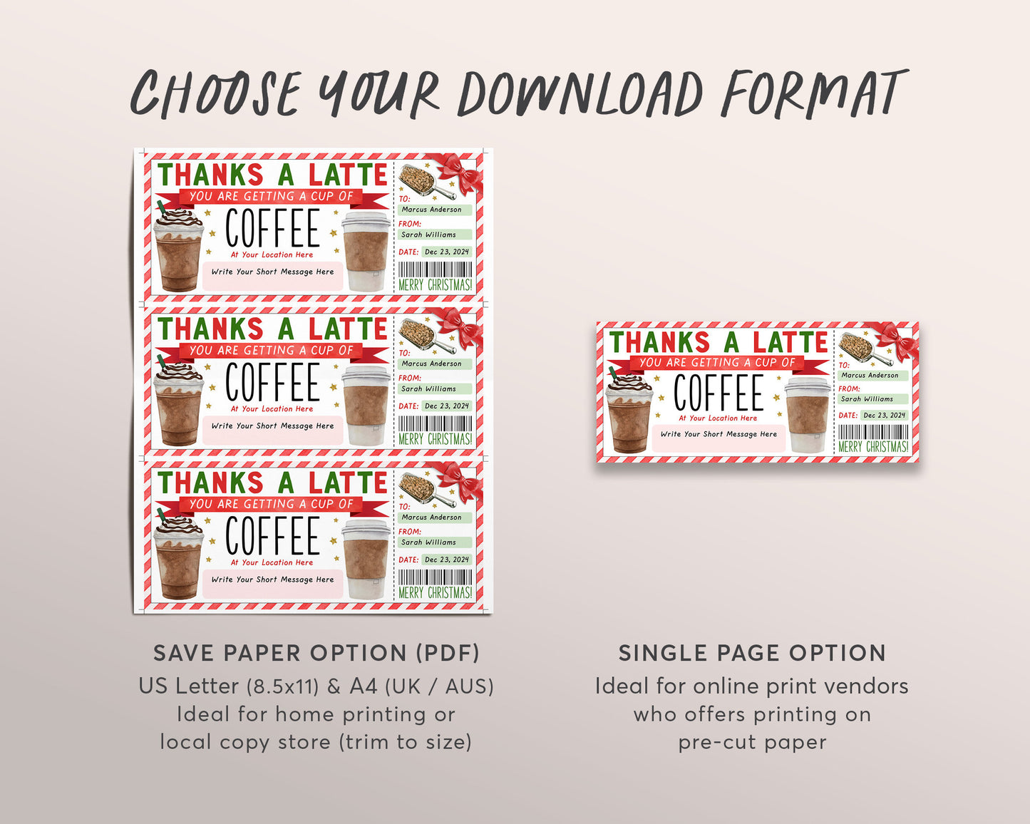 Christmas Thanks A Latte Gift Coupon Editable Template, Surprise Holiday Coffee Gift Certificate, Cafe Voucher Coffee Shop Lover Gift Card