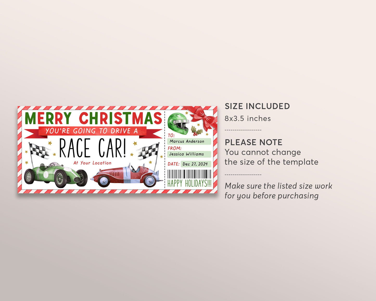 Christmas Race Car Ticket Gift Certificate Editable Template, Surprise Super Car Racing Event Voucher Printable, Holiday Supercar Driving