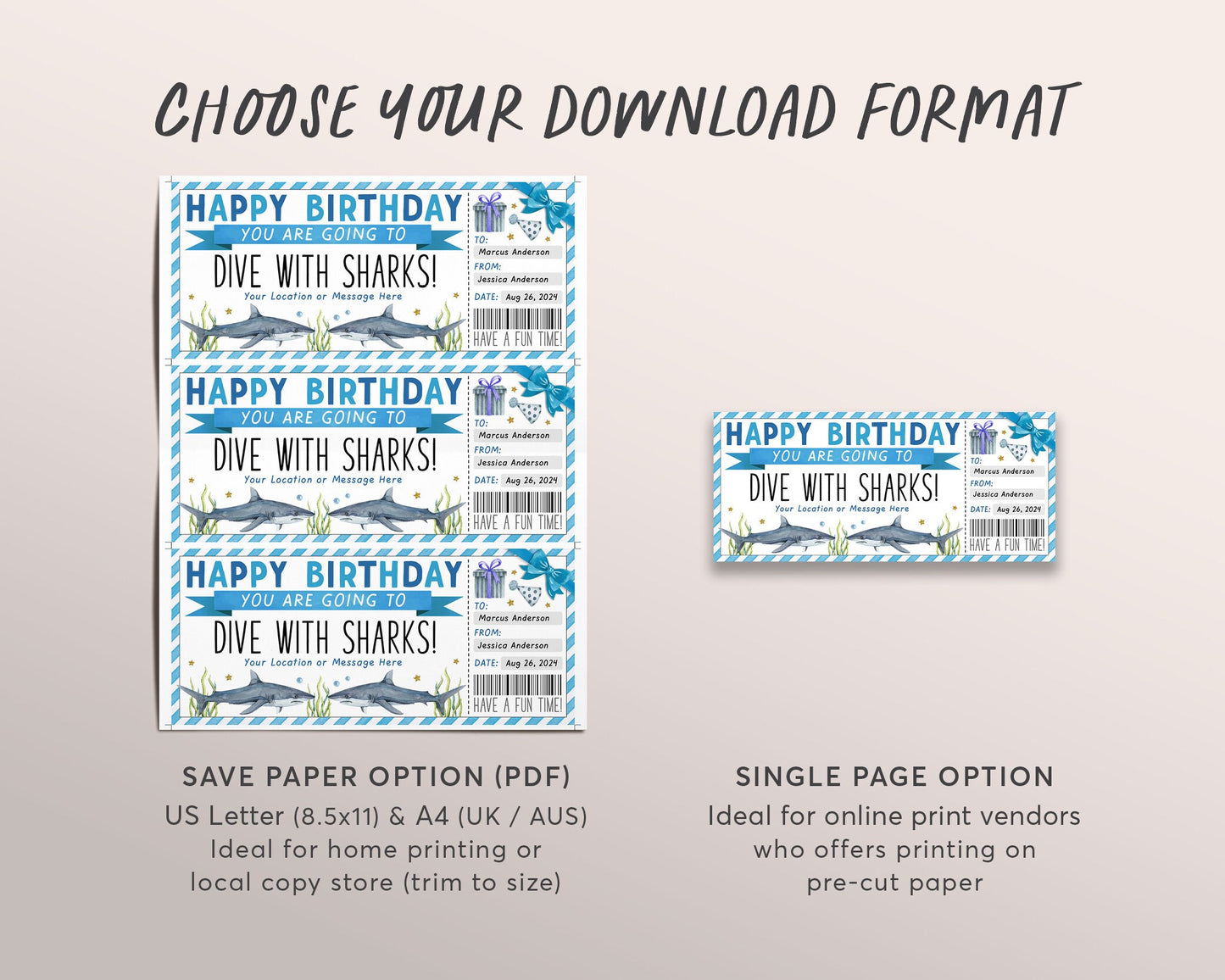 Dive With Sharks Ticket Editable Template, Birthday Surprise Cage Diving Experience Voucher Scuba Diving Trip Gift Certificate Coupon DIY