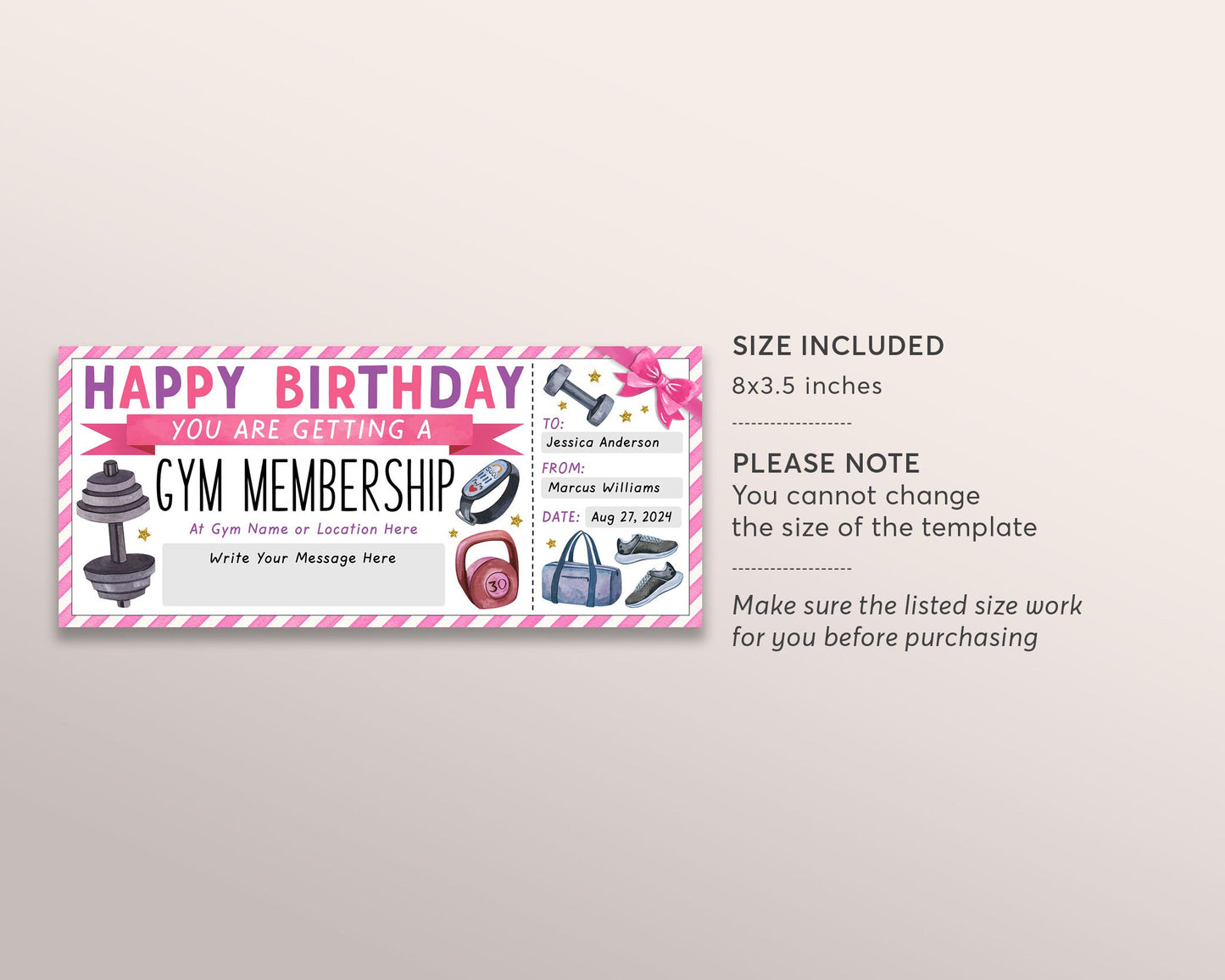 Gym Membership Ticket Editable Template, Birthday Surprise Personal Trainer Sports Voucher Gift Certificate For Her, Workout Fitness Pass