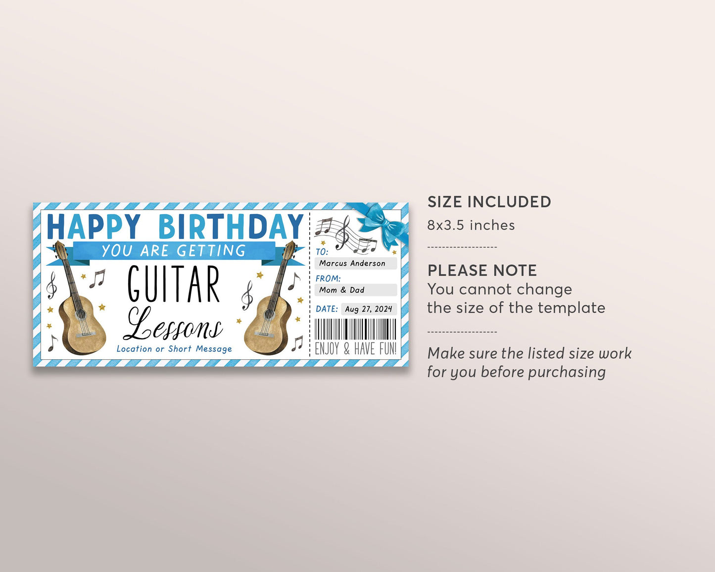 Guitar Lessons Gift Certificate Editable Template, Birthday Surprise Music Guitar Class Voucher Gift Reveal For Him, Learn to Play Coupon