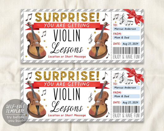 Violin Lessons Gift Certificate Editable Template