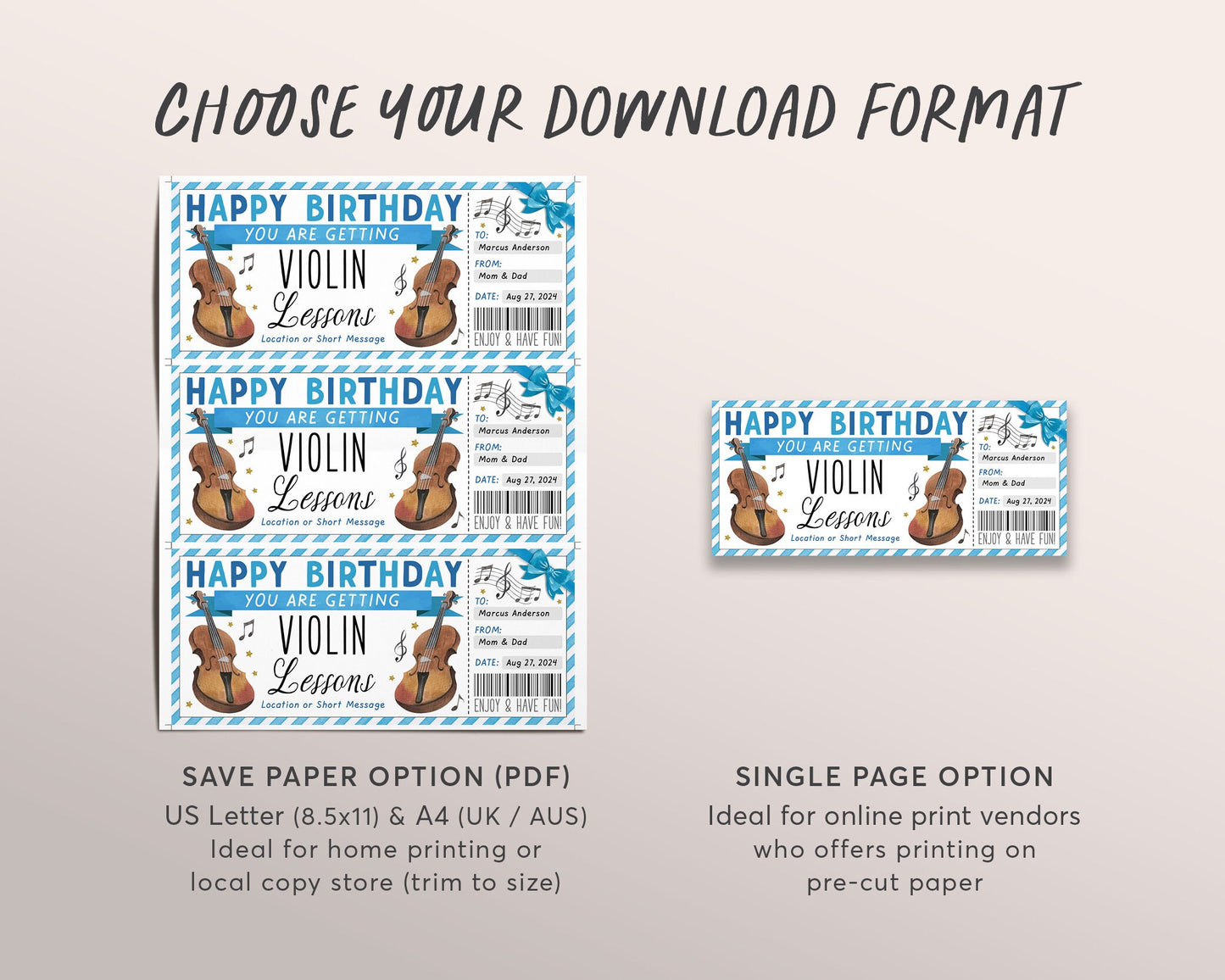 Violin Lessons Gift Certificate Editable Template, Birthday Surprise Music Violin Class Masterclass Gift Voucher Gift Reveal Coupon For Him