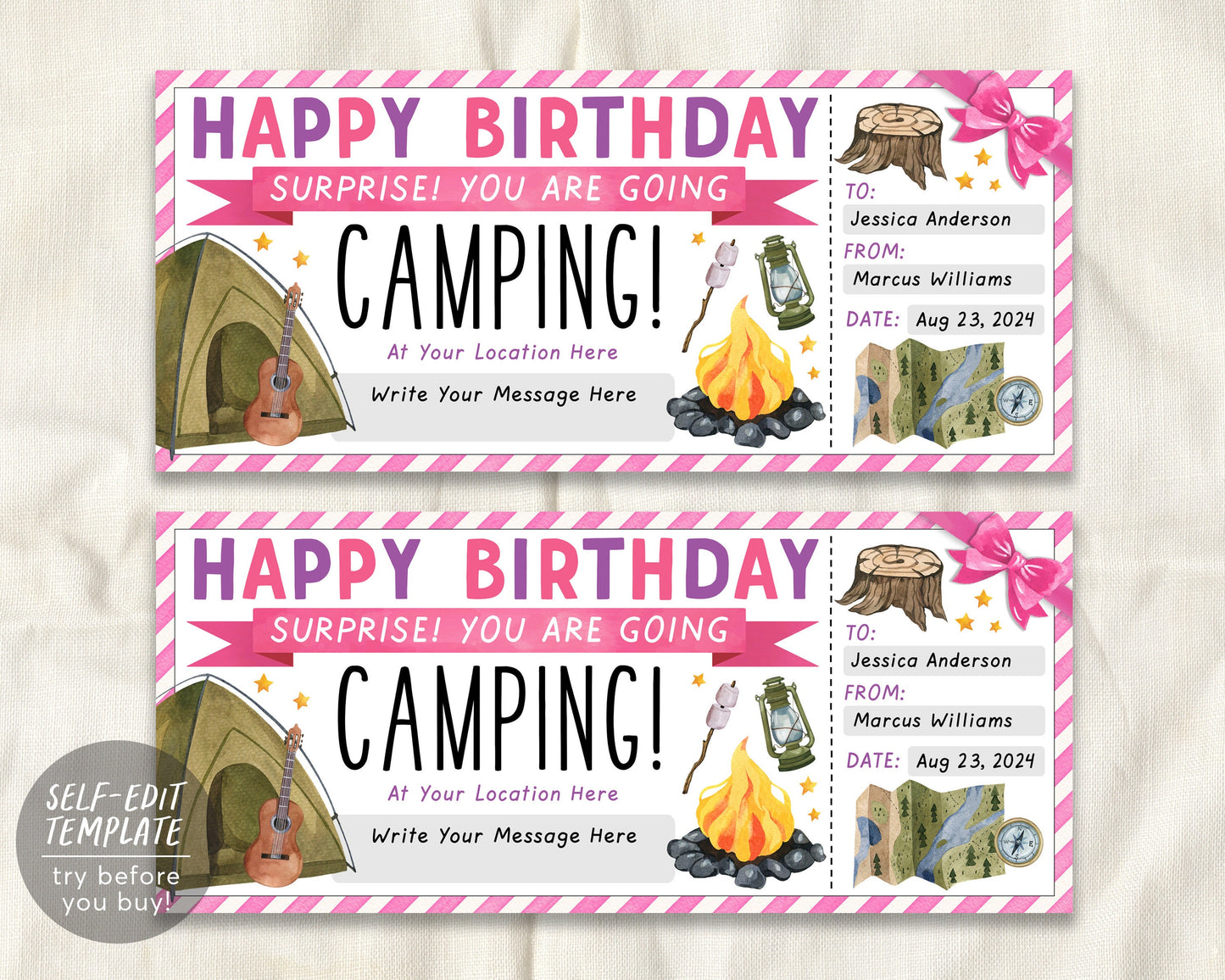Birthday Camping Trip Ticket Editable Template