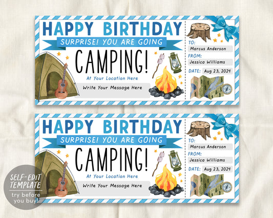 Birthday Camping Trip Ticket Editable Template
