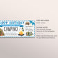 Camping Trip Ticket Editable Template, Birthday Weekend Trip Reveal Gift Certificate For Him, Wilderness Hiking Experience Voucher Coupon