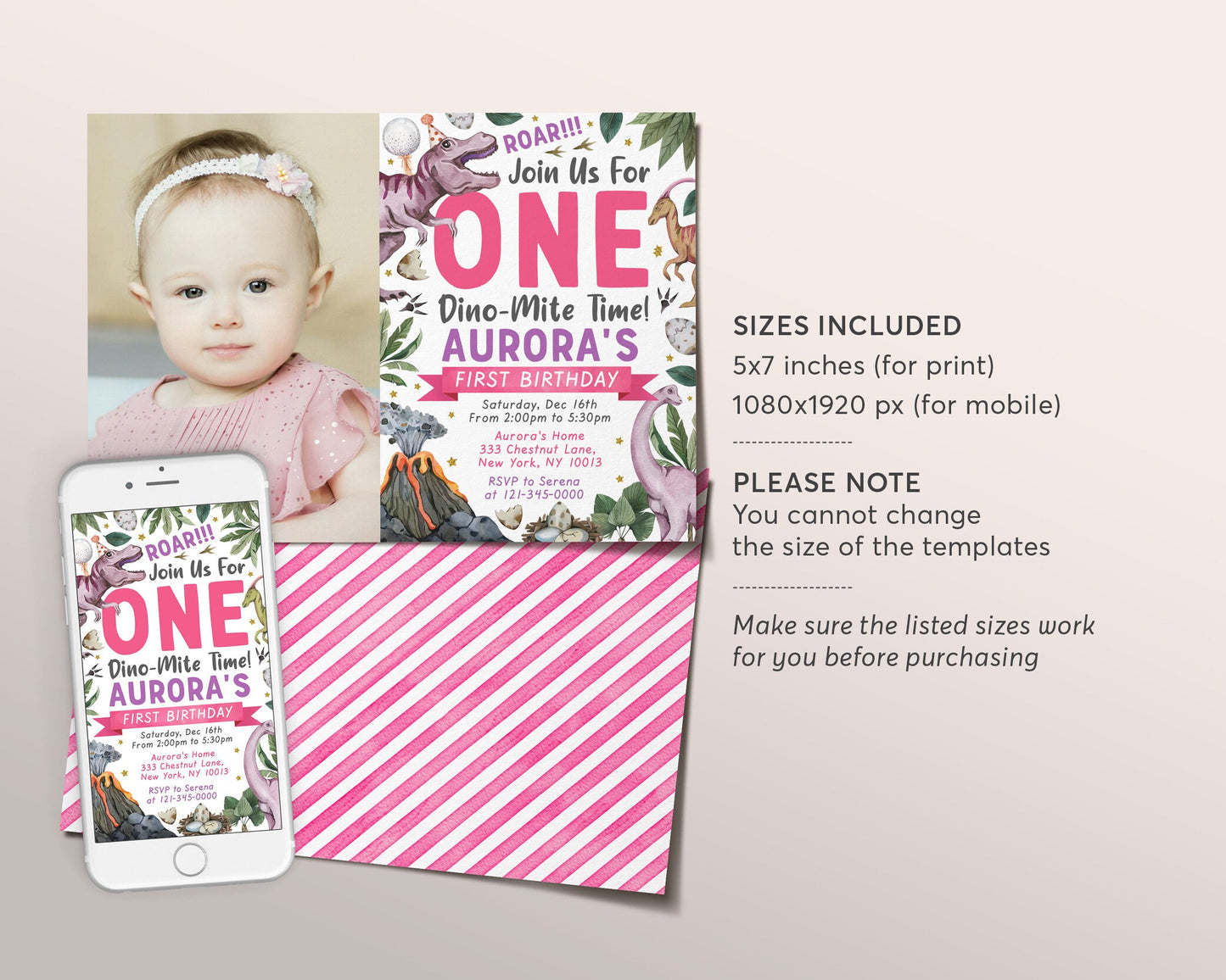 First Birthday Dinosaur Birthday Invitation With Photo Editable Template, One Dino-Mite Time T-Rex Dino Girl 1st Birthday Party Invite