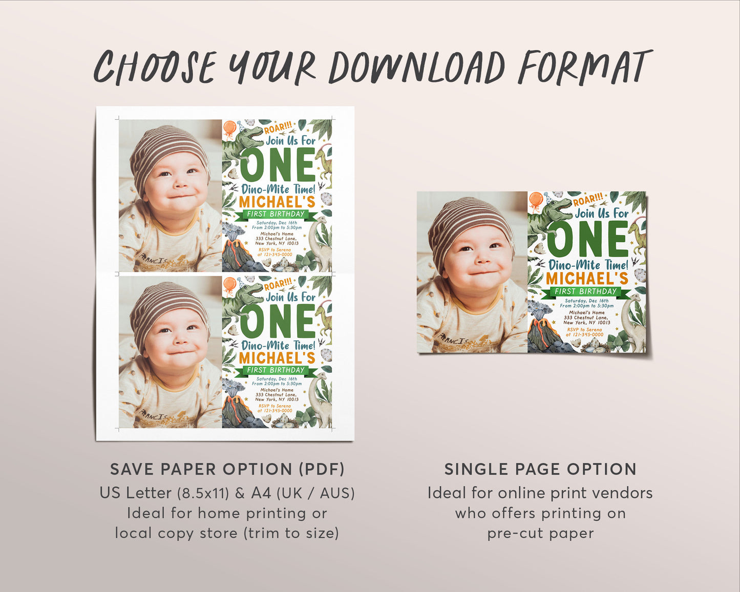 First Birthday Dinosaur Birthday Invitation With Photo Editable Template, One Dino-Mite Time T-Rex Dino Boy 1st Birthday Party Invite DIY
