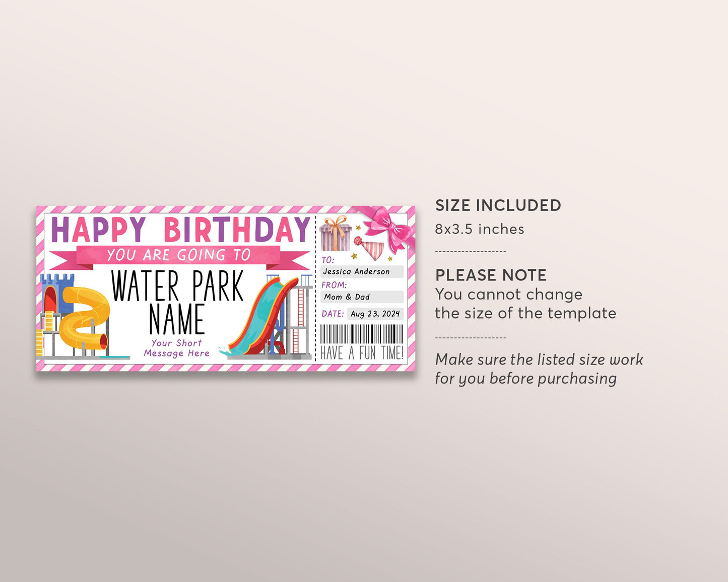 Water Park Ticket Editable Template, Birthday Surprise Waterpark Visit Gift Voucher For Her, Slide Season Pass Gift Certificate Printable