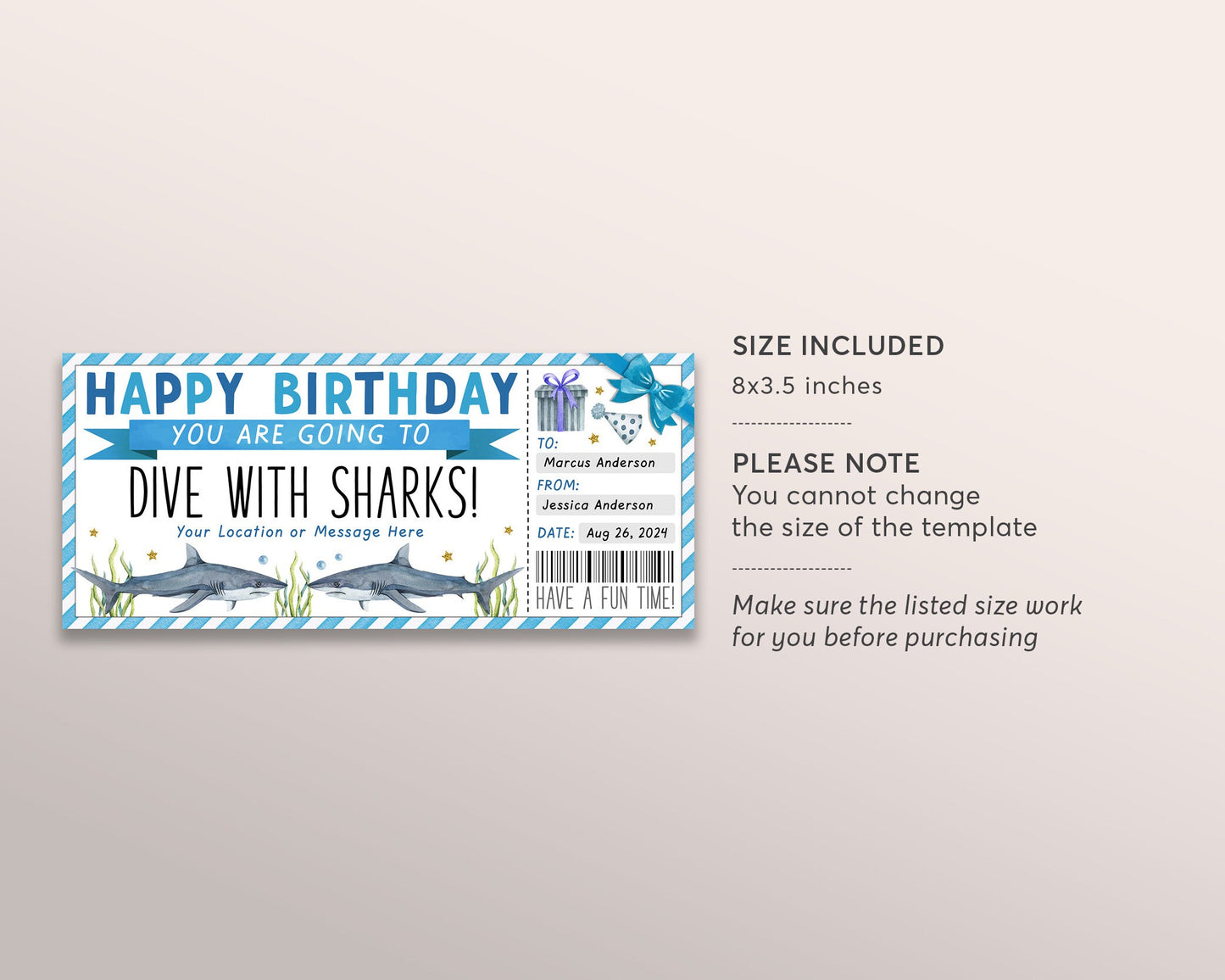 Dive With Sharks Ticket Editable Template, Birthday Surprise Cage Diving Experience Voucher Scuba Diving Trip Gift Certificate Coupon DIY