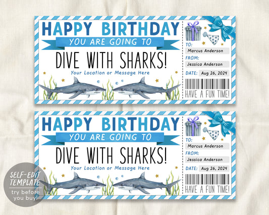 Birthday Dive With Sharks Ticket Editable Template