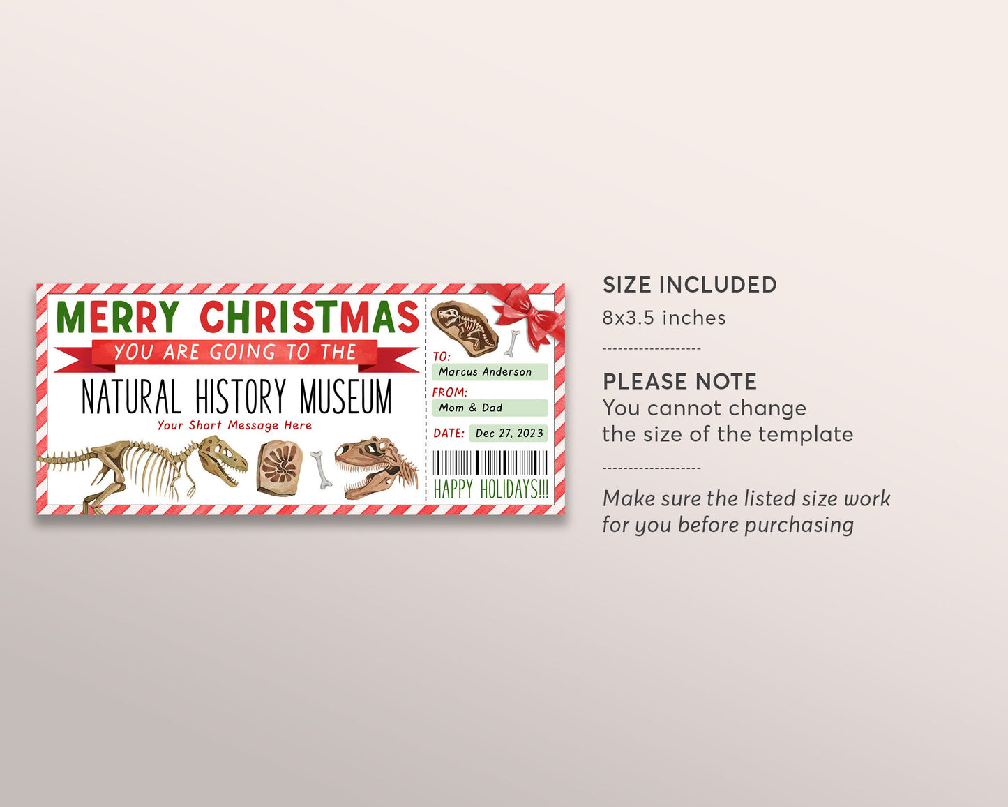 Natural History Museum Ticket Editable Template, Christmas Museum Membership Gift Voucher For Kids, Holiday Dinosaur Trip Gift Certificate