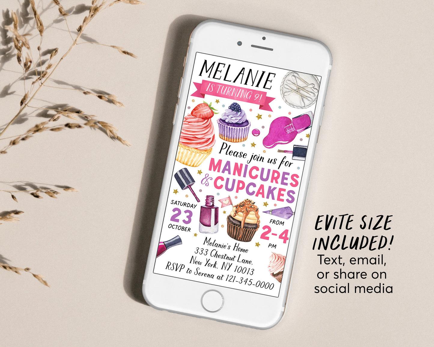 Manicures And Cupcakes Party Invitation With Photo Editable Template, Pedicures Mani Pedi Spa Day Birthday Invite, Girl Teen Tween Evite