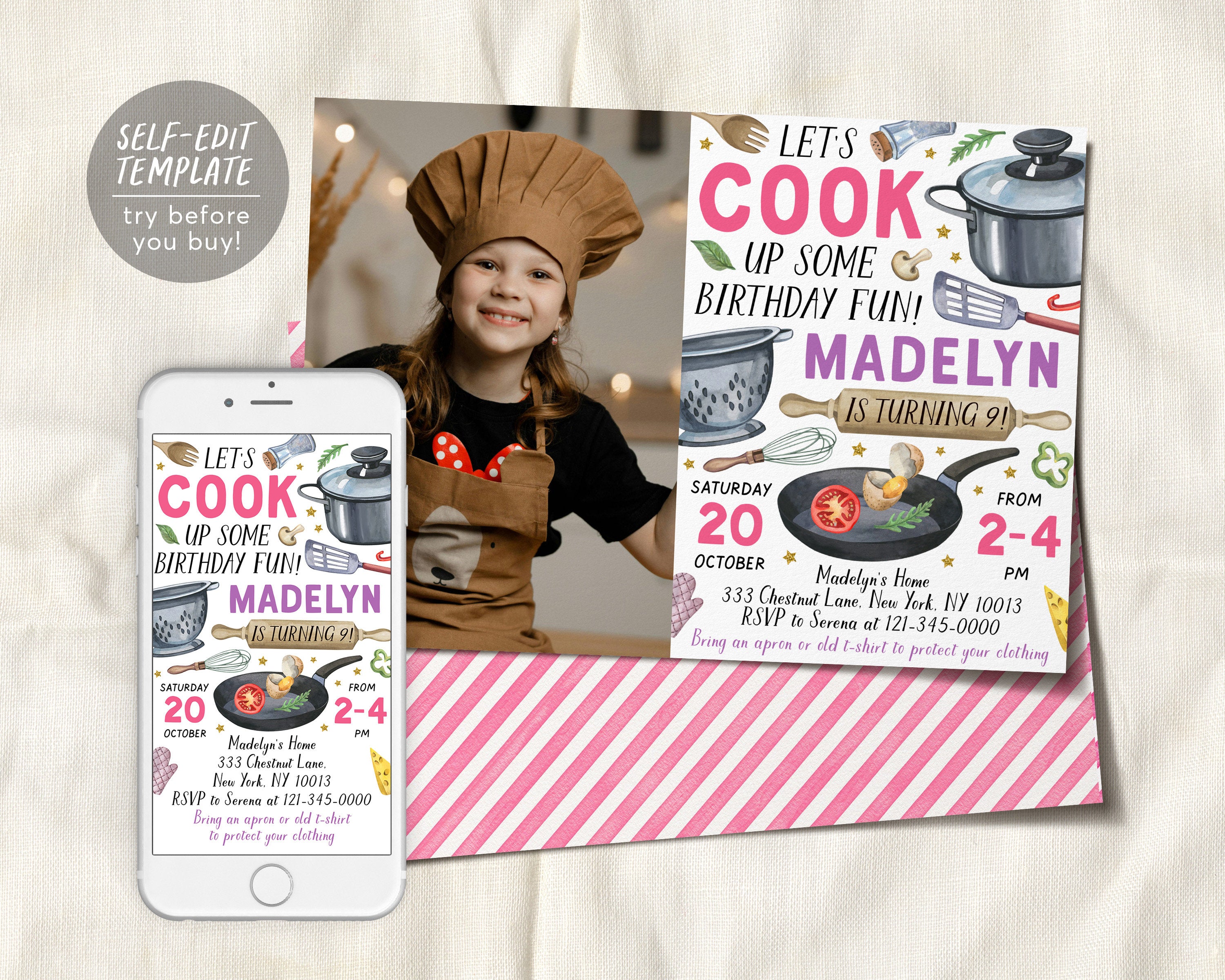 Cooking Party Birthday Invitation With Photo Editable Template, Kids C ...