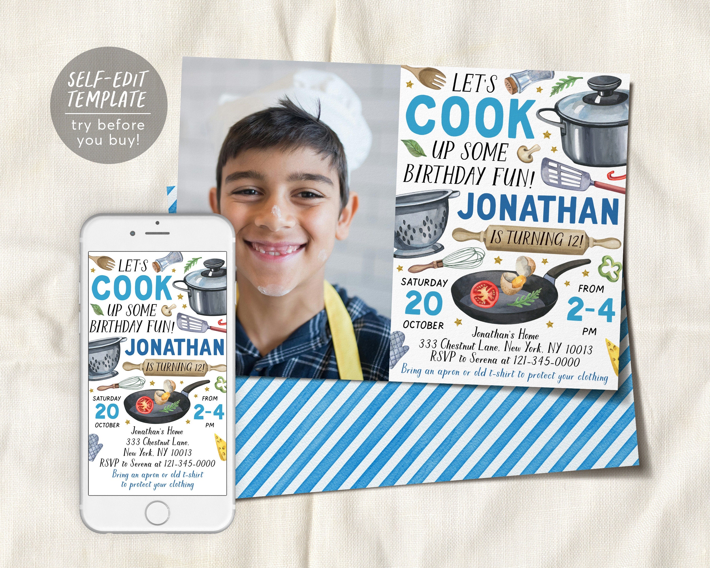 Cooking Party Birthday Invitation With Photo Editable Template, Kids C ...