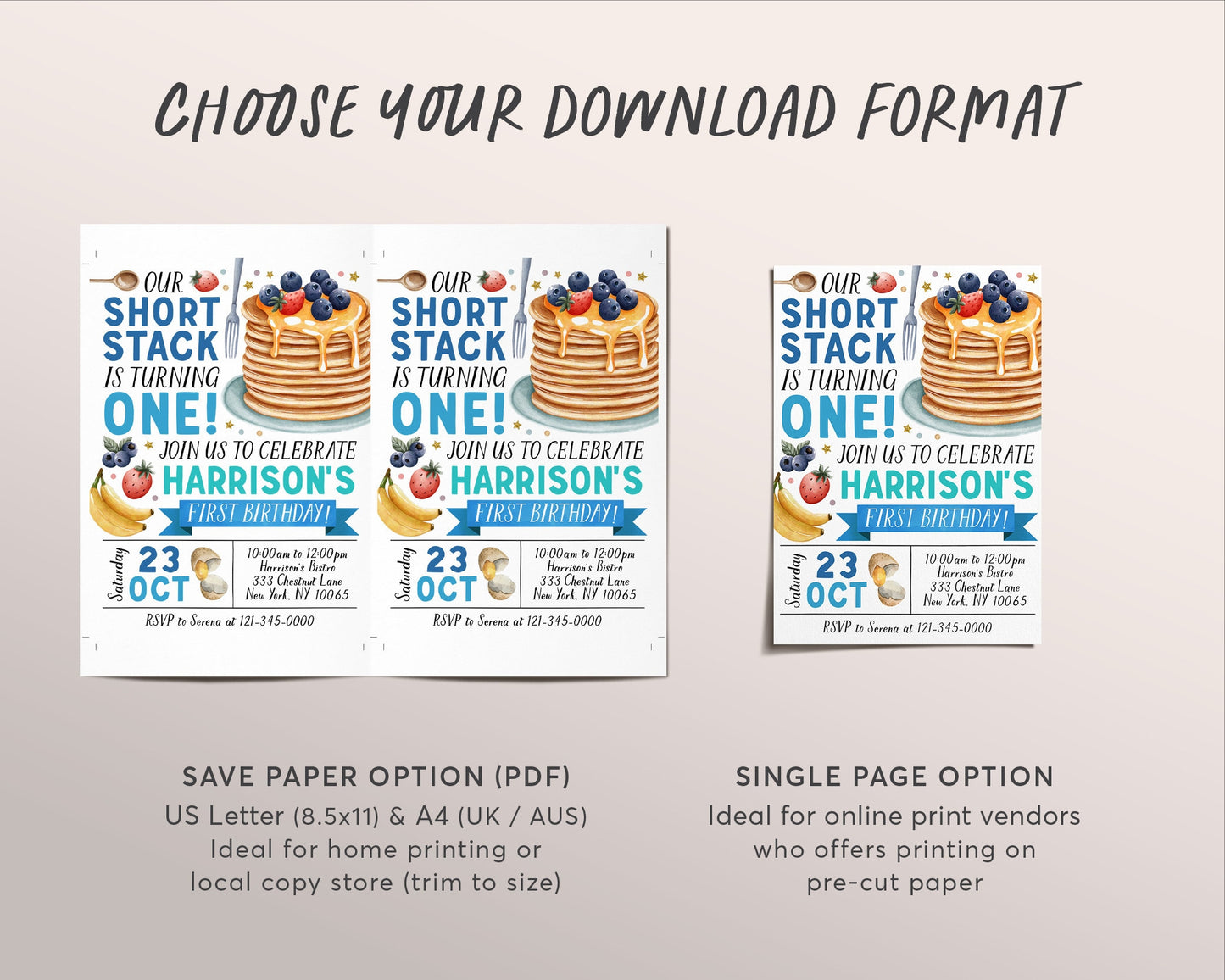 Pancakes Breakfast Birthday Invitation Editable Template, Boy Shortstack First Birthday Brunch Invite, Short Stack Rise And Shine Pancake
