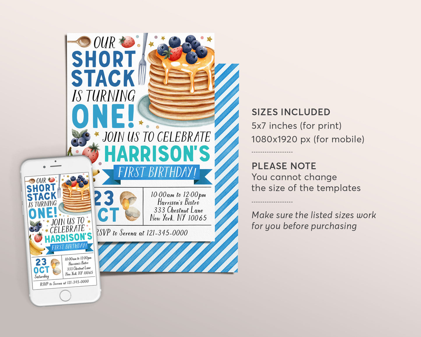 Pancakes Breakfast Birthday Invitation Editable Template, Boy Shortstack First Birthday Brunch Invite, Short Stack Rise And Shine Pancake